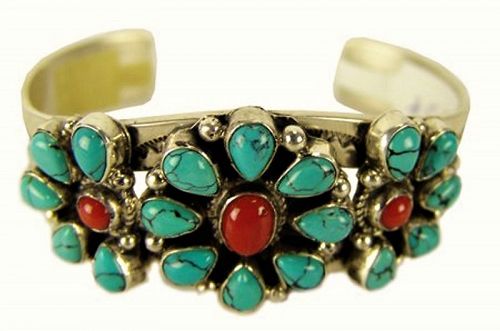 Sterling, Turquoise & Coral Navajo Cuff Bracelet by Leonard Jackson