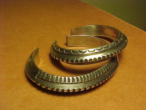 PAIR NAVAJO MARK CHEE HEAVY SILVER STAMPED CUFF BRACELETS