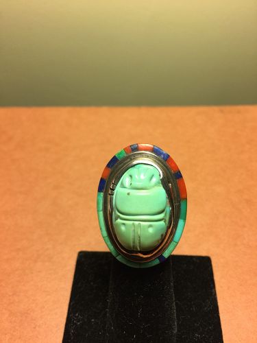 EVELI SABATIE RING WITH CARVED TURQUOISE SCARAB AND MOSAIC FRAME