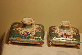 Le Tallec Paris pair HP French porcelain inkpots / candlesticks C:1920