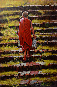 Burmese Oil Painting of A Monk Walking Up A Stair