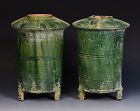 Han Dynasty, A Pair of Chinese Green Glazed Pottery Granary Jars