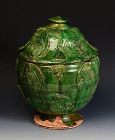 Yuan Dynasty, Chinese Green Glazed Pottery Covered Jar