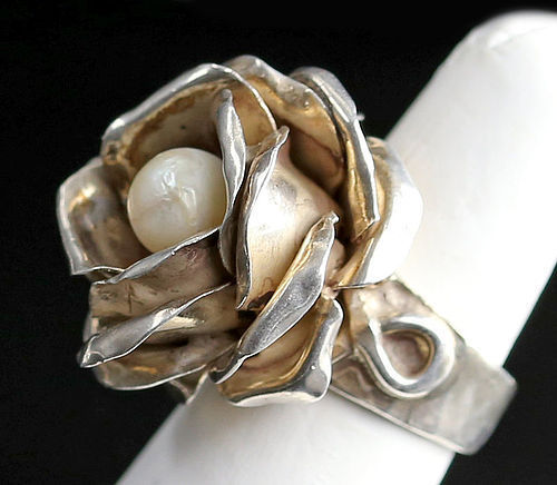 Rachel Gera Modernist Sterling Rose Floral Ring with Pearl Israel