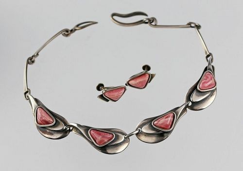 Maxwell Chayat Modernist Sterling and Rhodocrosite Necklace Set 1950s