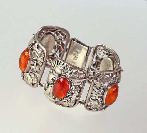 George Kramer Early Modernist Deco Silver and Amber Bracelet Germany