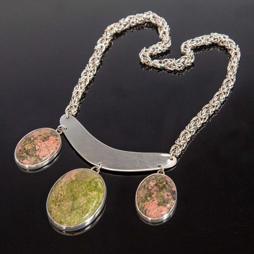 Modernist Sterling and Unakite Necklace Sweden 20th Century