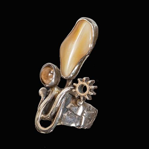 Rachel Gera Modernist Sterling, Stone and Shell Ring Israel