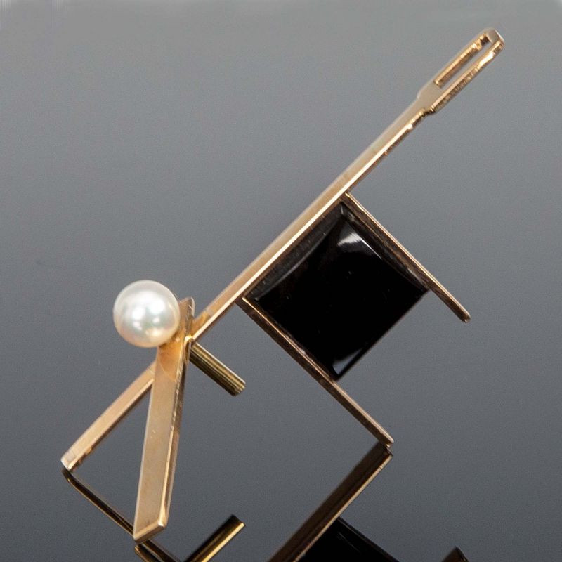 Betty Cooke Modernist 14K Gold Onyx and Pearl Pendant