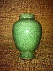 Yuan celadon glazed and incised stoneware meiping jar