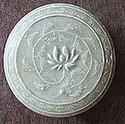 Chinese Yue Stoneware Celadon Covered Box with Lotus