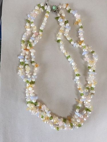 Three Strand Tumbled Gem + Pearl Necklace