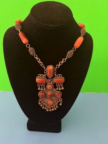 African Silver Carnelian + Glass Necklace