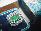 18k WG Art Deco  Diamond & Emerald Ring