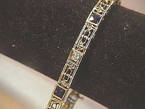 14k YG Art Deco Diamond & Sapphire Bracelet ~11.4Gr