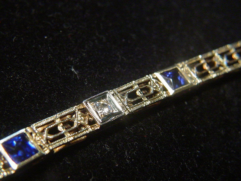 14k YG Art Deco Diamond &amp; Sapphire Bracelet ~11.4Gr