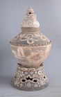 Rare TALL Chinese Tang Dynasty Painted Pottery Jar, Stand & Cover