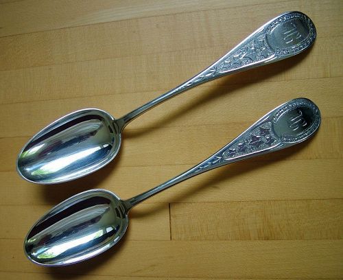 ANTIQUE IVY ENGRAVED serving spoons, pair of,
