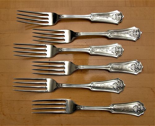 6 John Cook coin silver "Anthemion" dinner forks