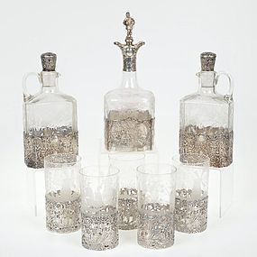 Group of German Style Sterling Silver & Etched Glass Bar-Ware.