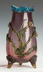 Victorian Art Glass Vase with Applied Flowers.