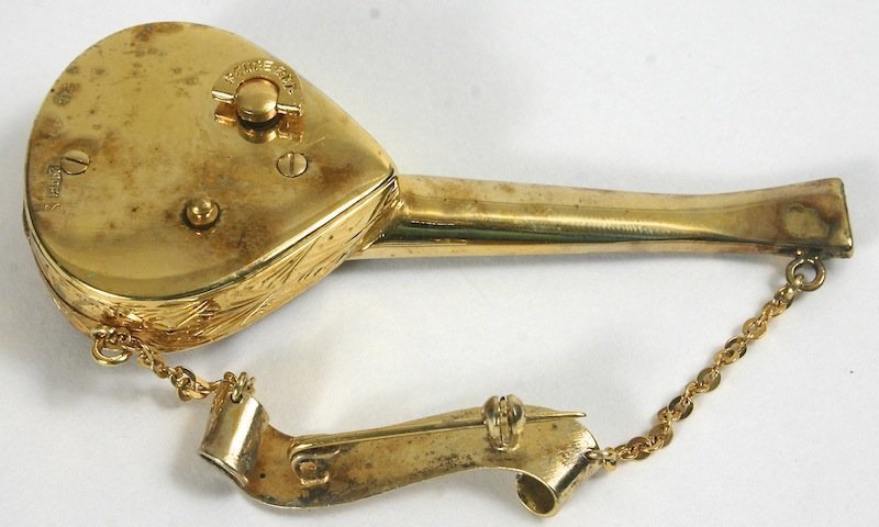 Reuge musical silver and enamel mandolin brooch, Swiss - Love Story