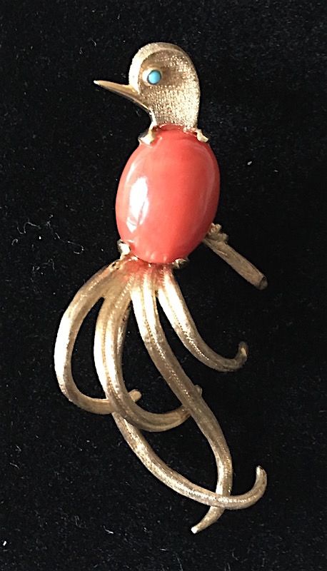 Vintage bird of paradise 14Kt gold coral pin