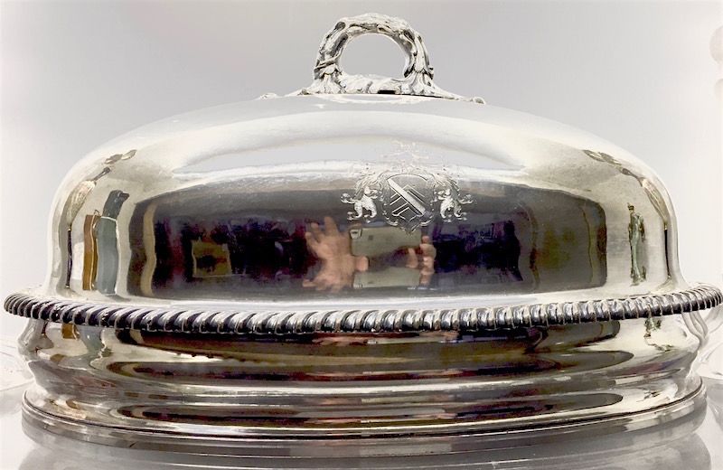 Old Sheffield silver plate meat dome, crested