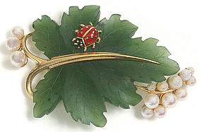 Vintage grape leaf brooch with lady bug,  14Kt, pearls