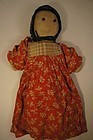 Shoe button eyes cloth doll red calico dress blue bonnet early