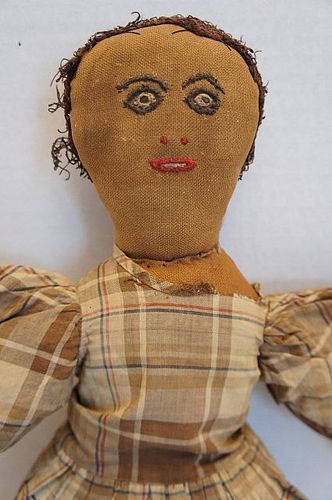 Unusual black cloth doll great face and hair antique