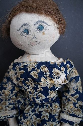 Antique painted face cloth doll great dress and hair 22"  C.1880