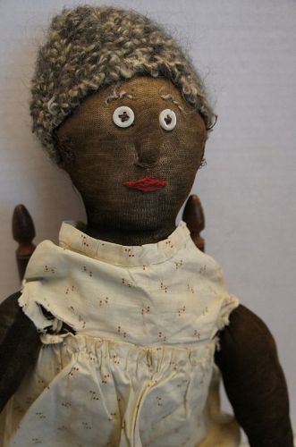 19th C. antique black stockinette doll raised nose button eyes 24"