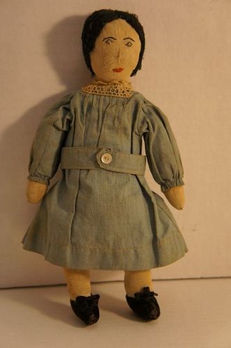 As cute as a button, embroidered face cloth doll all orig. 11" antique
