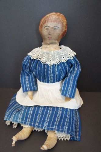 Great red hair painted face antique cloth doll blue calico dress 21"