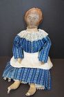 Great red hair painted face antique cloth doll blue calico dress 21"