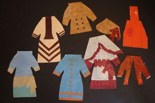 Antique paper doll dresses 6" with jackets, apron, hat