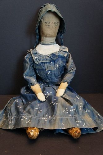 Down home girl stuffed with straw, hand sewn cloth doll C. 1870-80