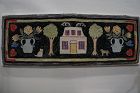 Antique hooked hearth rug with dog cat house hearts folk art 19th C.