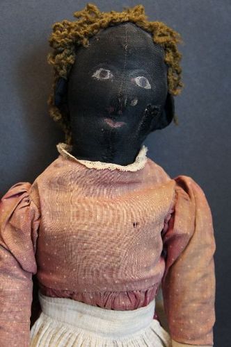 23" painted face antique black cloth doll straw stuffed 1890