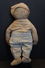 A little sweet tuffy, happy embroidered face doll striped pants C.1900