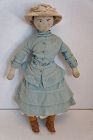 A llovely antique cloth doll lady 21" with embroidered face C1880