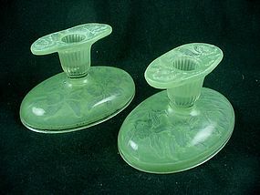 Consolidated Glass Orchid Candlesticks - Green Ceramic