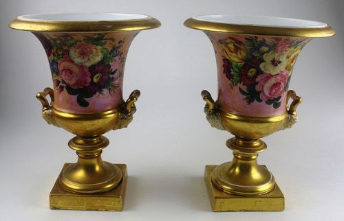 Old Paris Neo-Classical Hand Painted Campana Vase, Pair, c. 1810-20