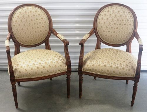 Ethan Allen Upholstered Medallion Back Fauteuil Chairs - a Pair