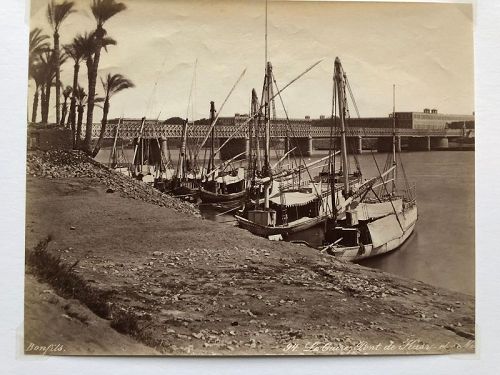 Albumen Photo Nile River boats below Cairo bridge Bonfils c. 1880
