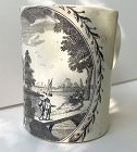 Creamware mug, black transfer peaceful river scene, English c. 1800