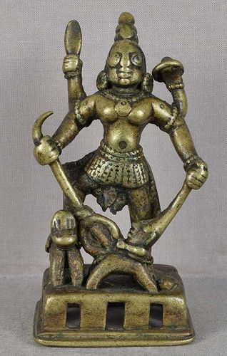 18c Indian bronze DURGA slaying demon Mahishasura