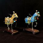 Vintage 20C Chinese Gilt Silver Enamel Coral Turquoise Horse Pair