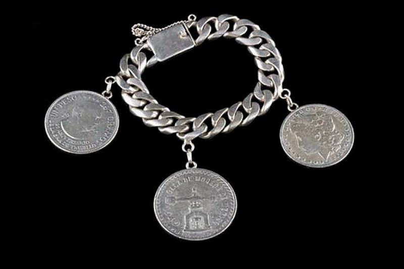 HEAVY STERLING LINK BRACELET WITH 3 COINS